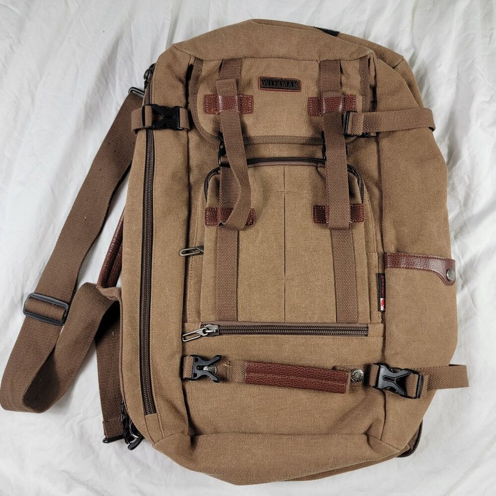 Witzman Canvas Backpack Travel Rucksack Multi Pocket Large Capacity Brown